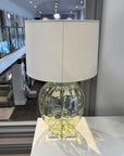 Green Glass Bubble Lamp With White Linen Shade Ex-display - 1 Only