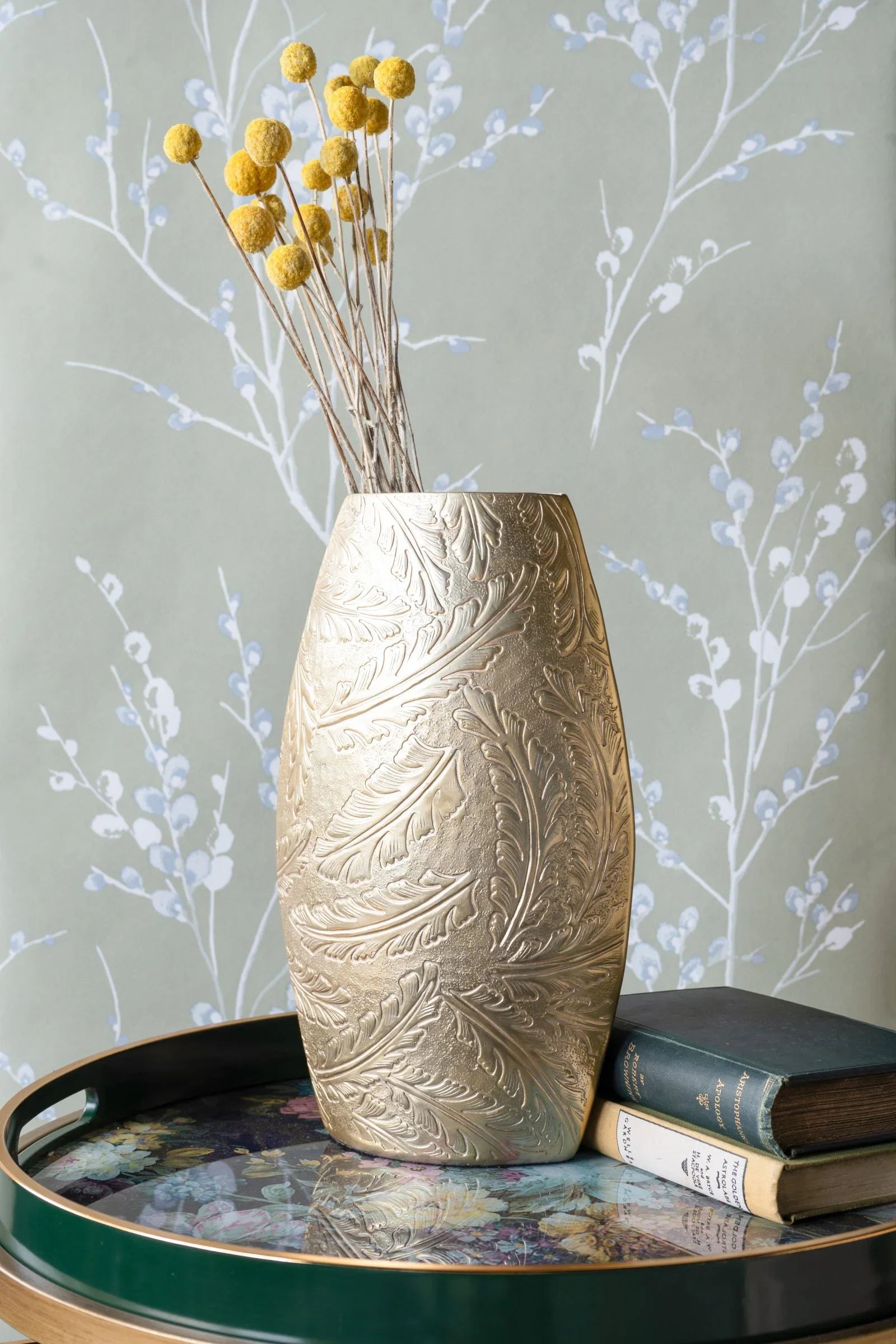 Libra Interiors Laura Ashley Winspear Gold Leaf Embossed Oval Barrel Vase Small