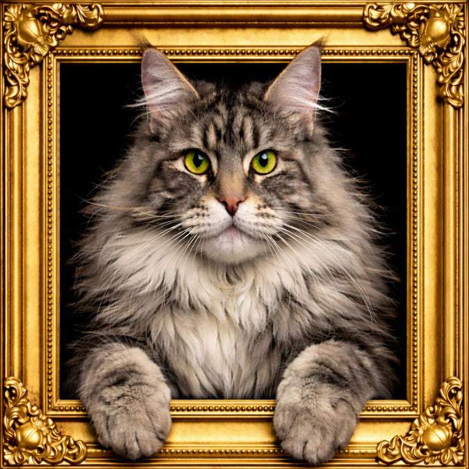Fellini Home Silver Maine Coon Cat Black and Gold Frame